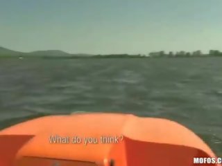 Busty chick shaved pussy ripped on boat